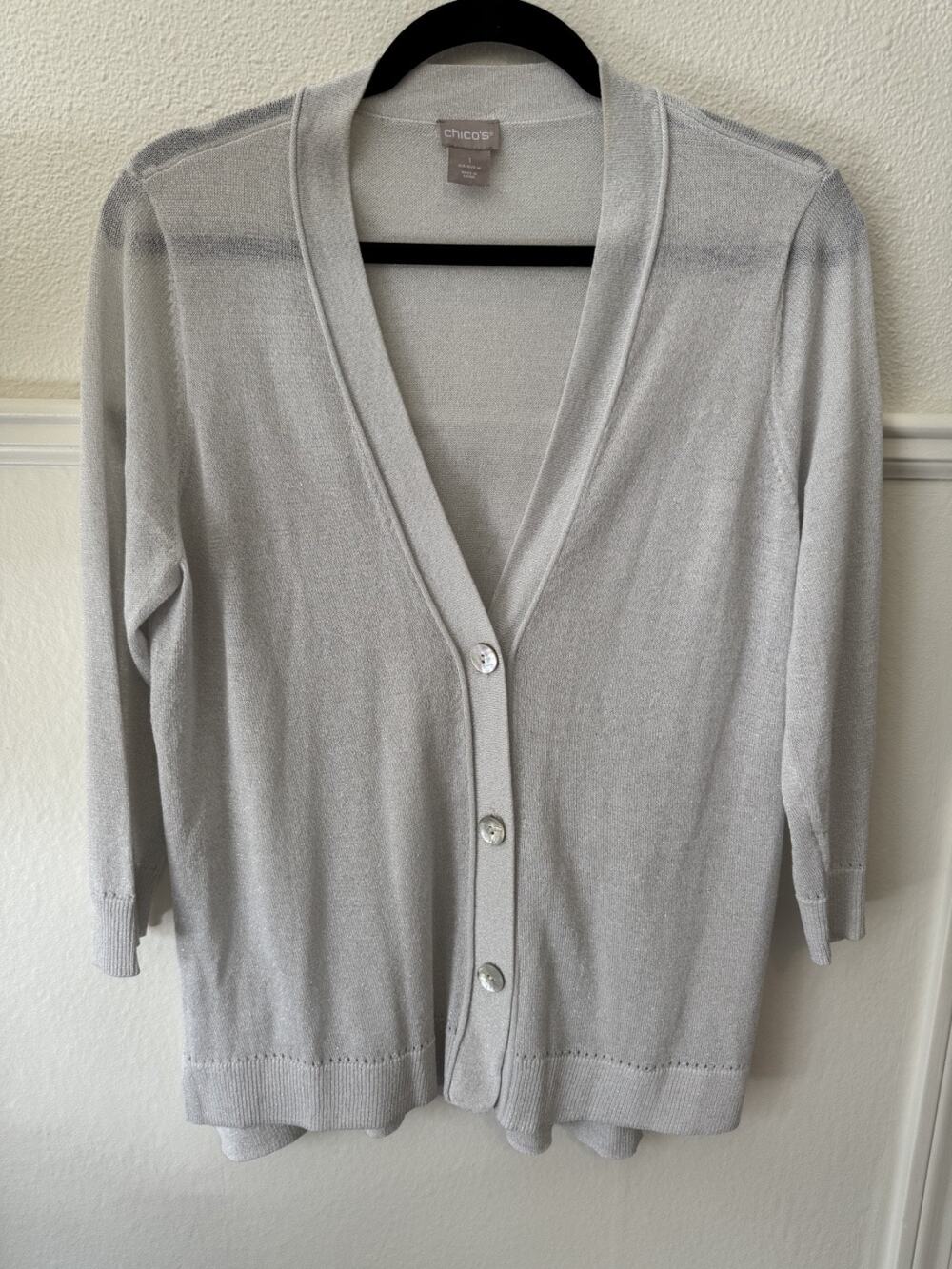 Chico’s Shimmer Cardigan Chico's Size 1 Medium Silver Lightweight Dressy